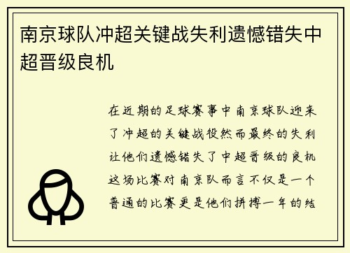 南京球队冲超关键战失利遗憾错失中超晋级良机