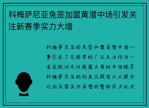 科梅萨尼亚免签加盟黄潜中场引发关注新赛季实力大增