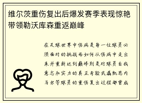 维尔茨重伤复出后爆发赛季表现惊艳带领勒沃库森重返巅峰
